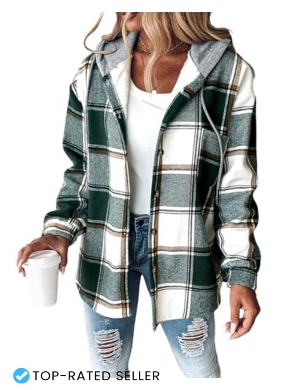 Plaid Hooded Fleece Lined Shacket Women Casual Long Sleeve Button Down Warm
